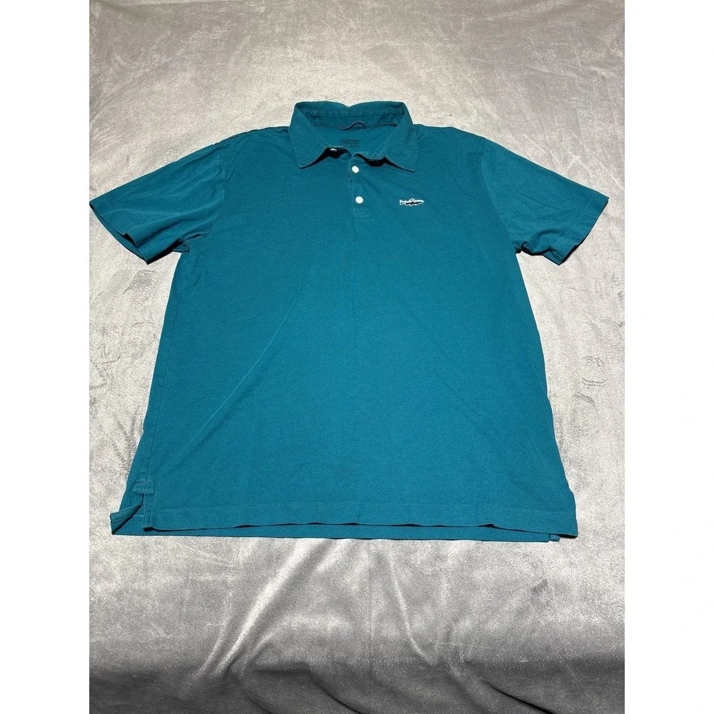 Patagonia Men Size M Blue Trout Fitz Roy Polo Organic Cotton Jersey 52206